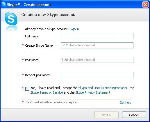 skype crea un account