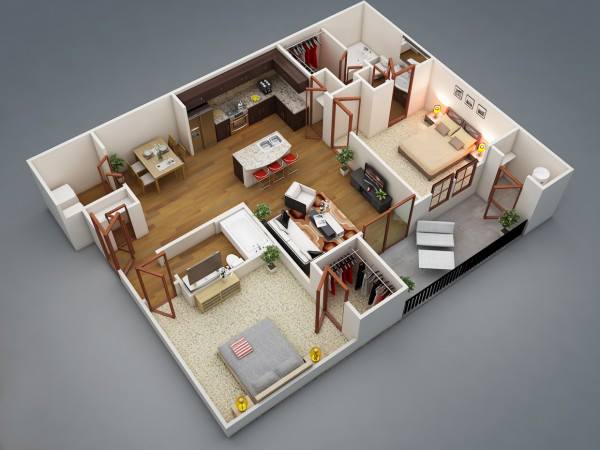 layout di un appartamento di tre stanze