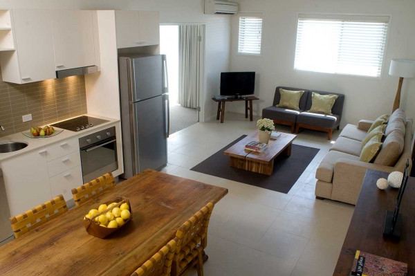 cucina-soggiorno design in un appartamento di tre stanze
