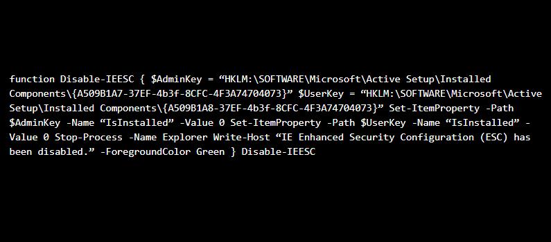 Vzorčni skript za onemogočanje konfiguracije za izboljšano varnost IE za konzolo PowerShell