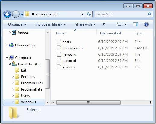Domaćini datoteka u sustavu Windows 7