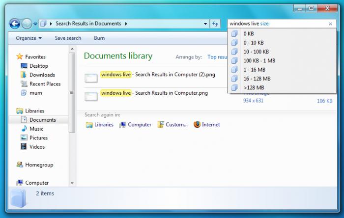 ricerca di file in Windows 7