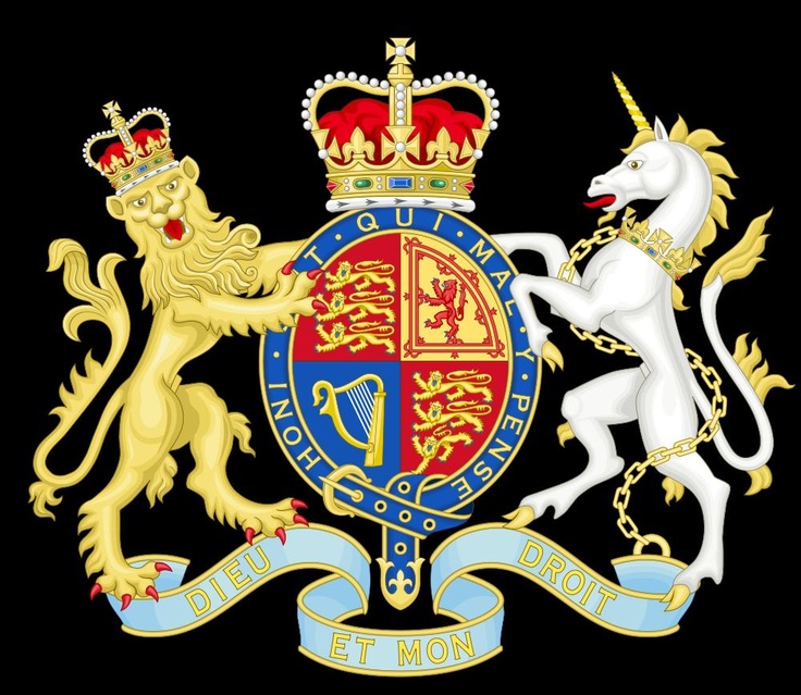Brytyjski herb z lwem i jednorożcem.