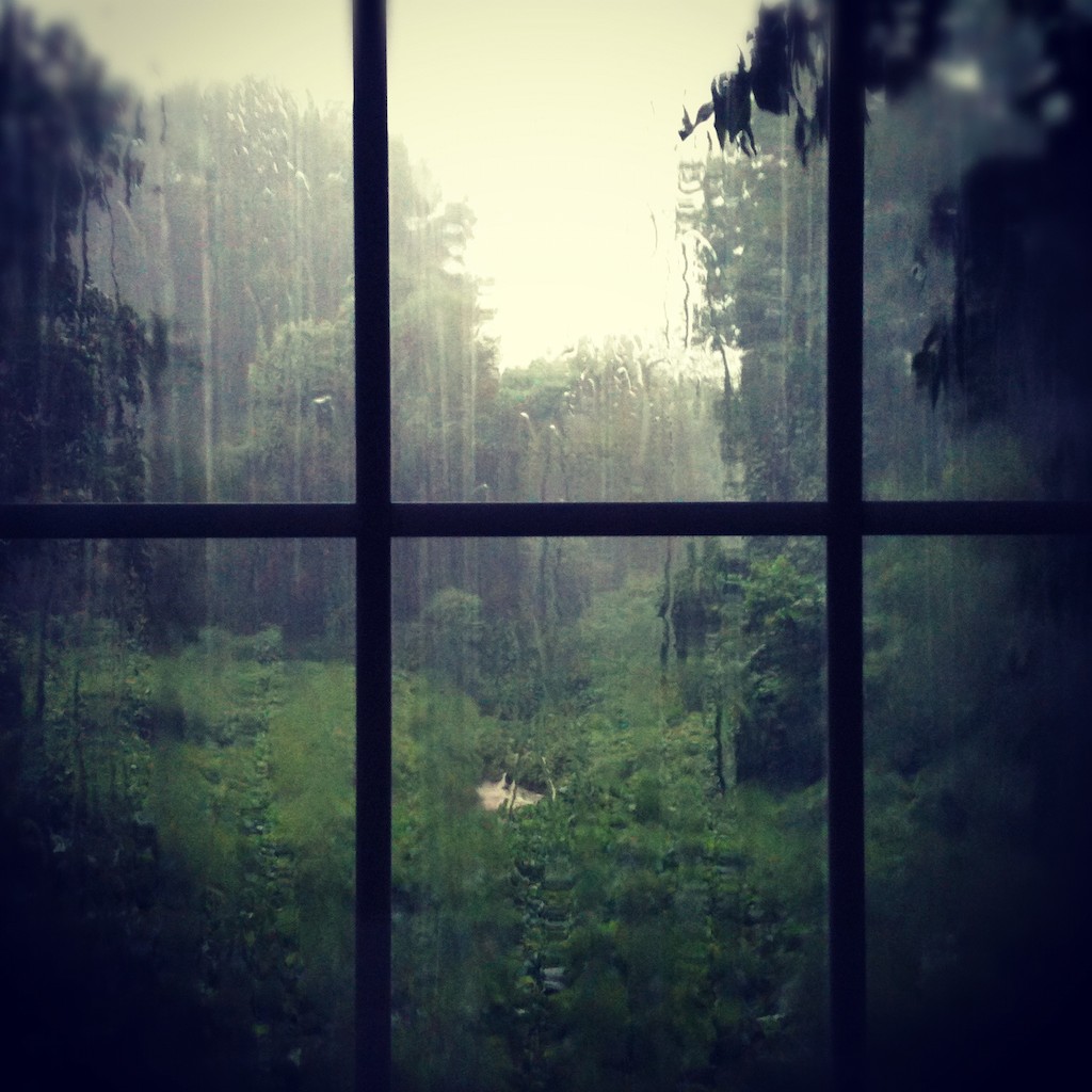 nevihta zunaj okna