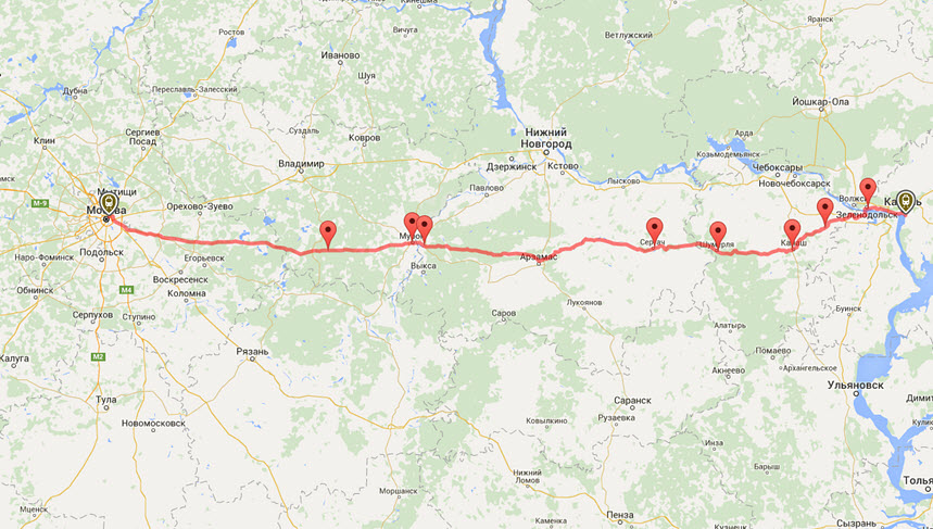Koliko kilometrov od Kazana do Moskve