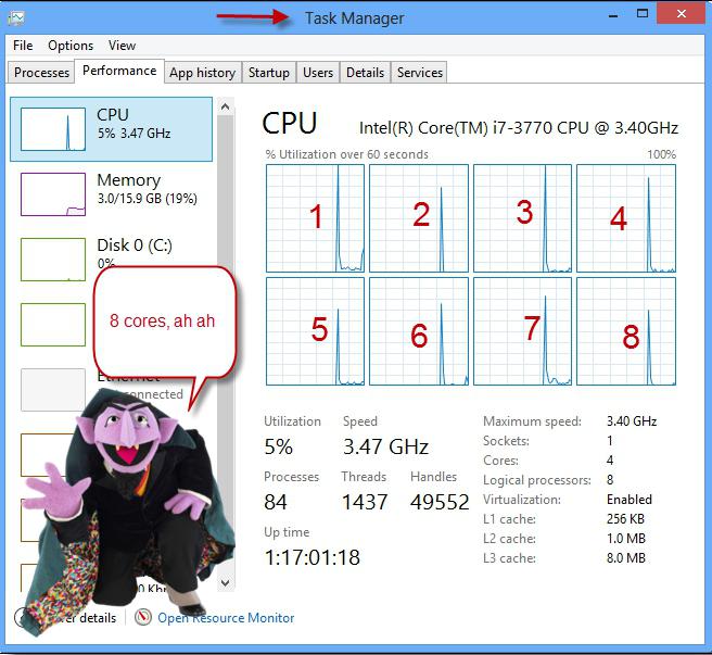 Как да разберете колко ядра са в процесор, на Windows 8?