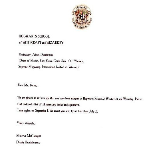 pismo od Hogwartsa