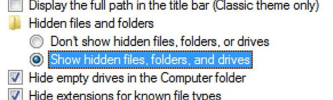 Как да отворите скритите файлове в Windows 7