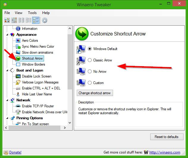 come rimuovere le frecce dalle scorciatoie in Windows 7