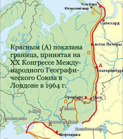 confine dell'Europa e dell'Asia sulla mappa della Russia