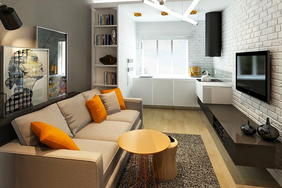 кухня-трапезария-всекидневна дизайн в едностаен апартамент