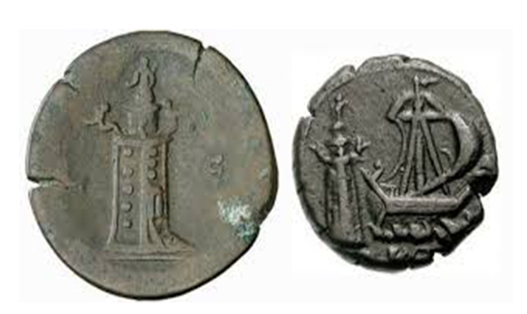 Monete antiche con l'immagine del faro di Alessandria