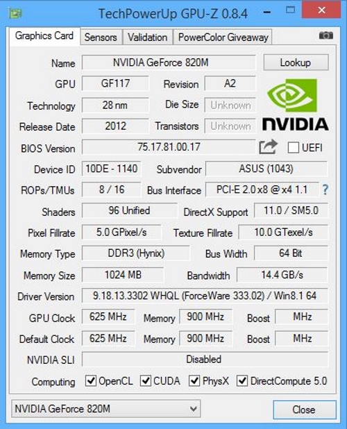 Sterownik NVidia GeForce 820M