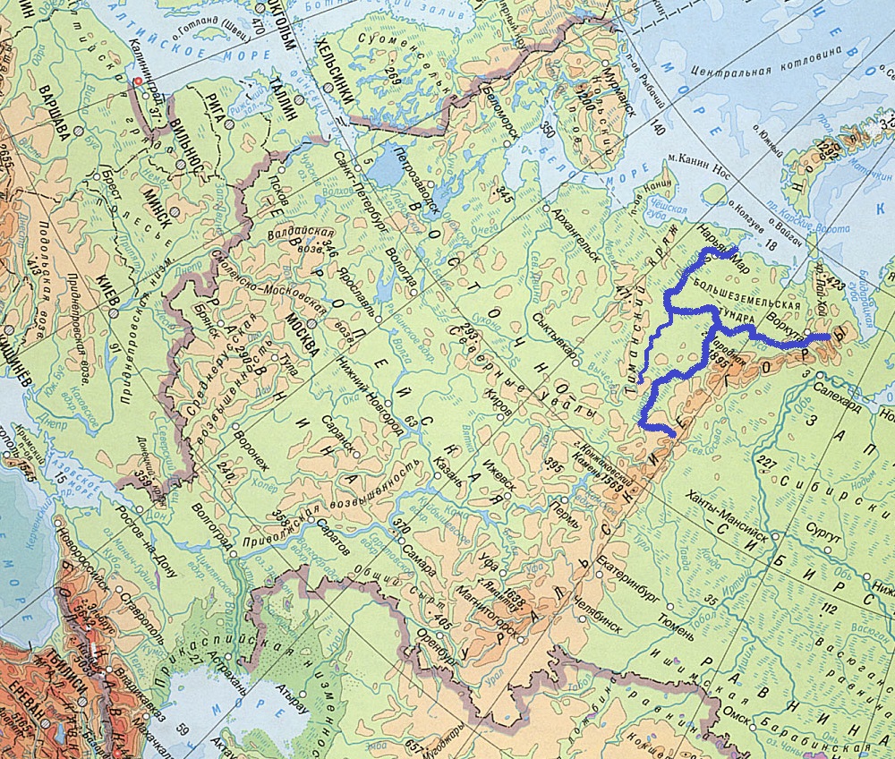 Řeka Pechora na mapě