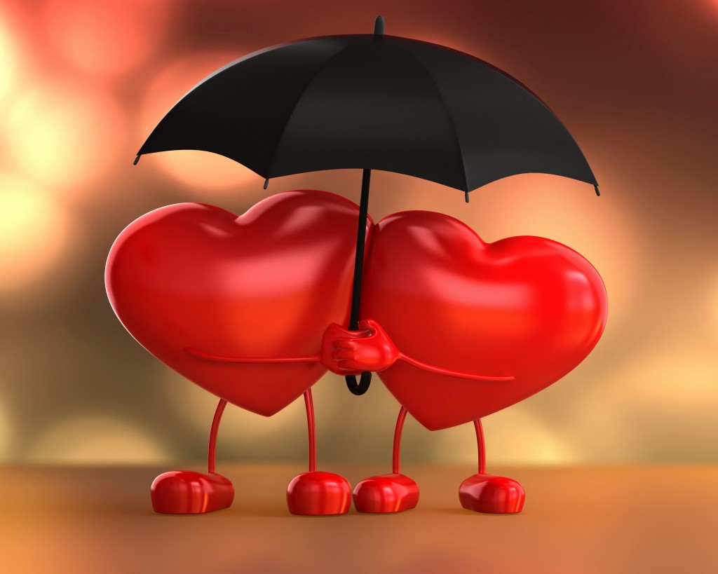 Dwa ciągnione serca pod jednym parasolem
