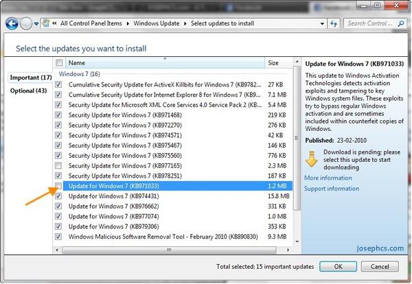 aktualizaci ověřování systému Windows 7